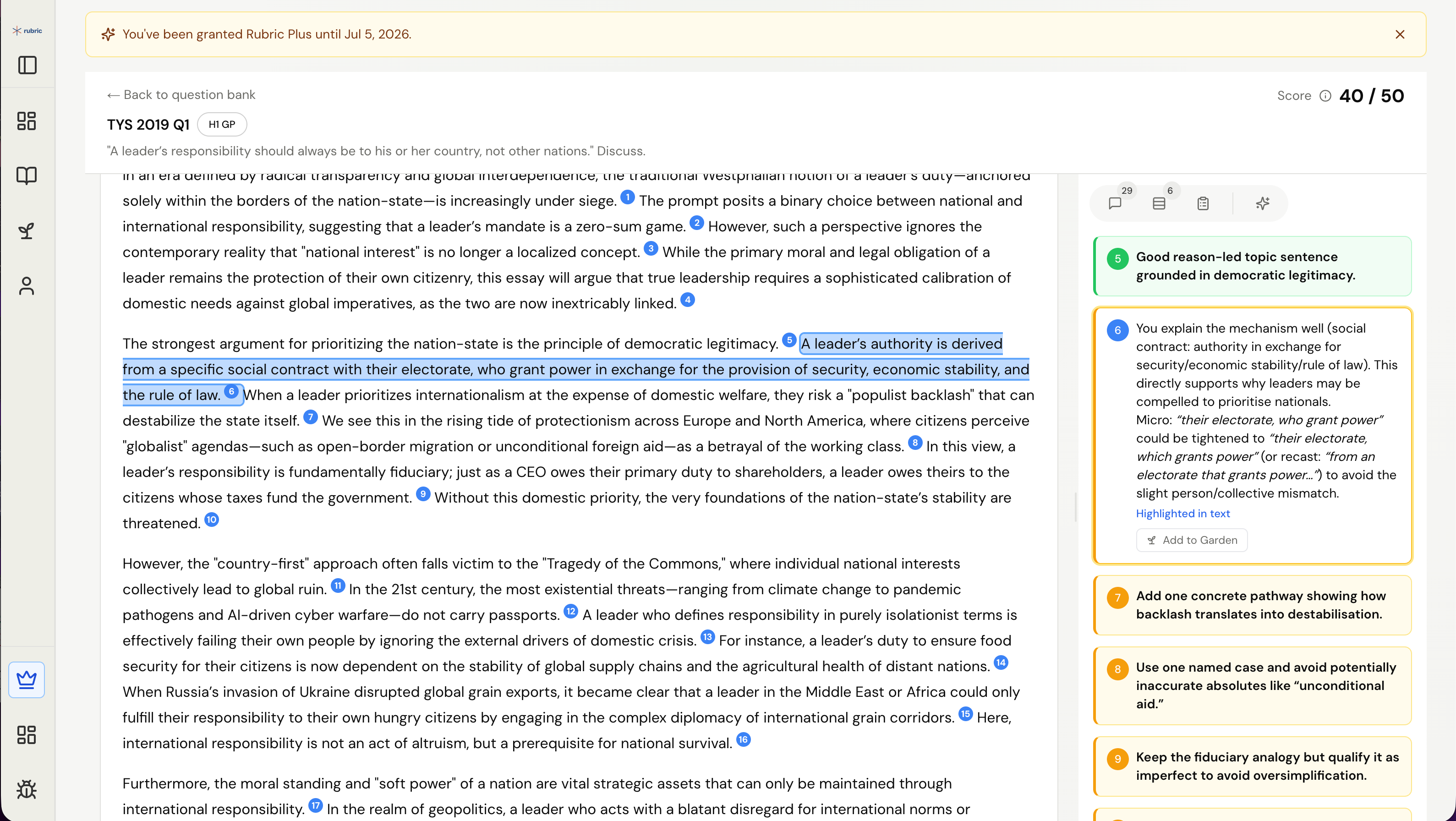 A General Paper essay marked by Rubric, scored 40 out of 50 with numbered inline annotations and specific written feedback